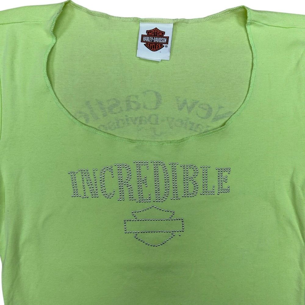 Harley Davidson Womens T Shirt Neon Green FITS Medium Stretchy Incredible Bling
